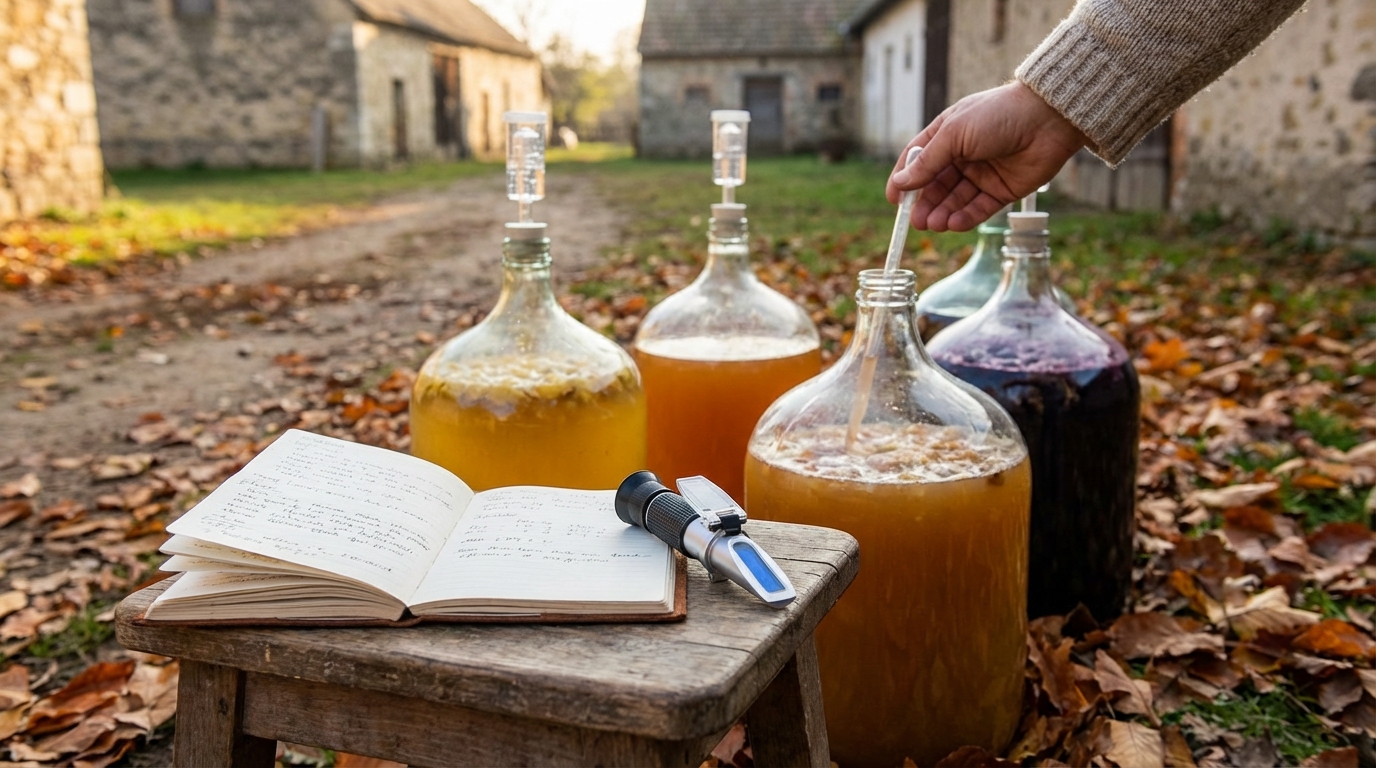 Erjesztett cefre üvegballonokban, refraktométer a közelben