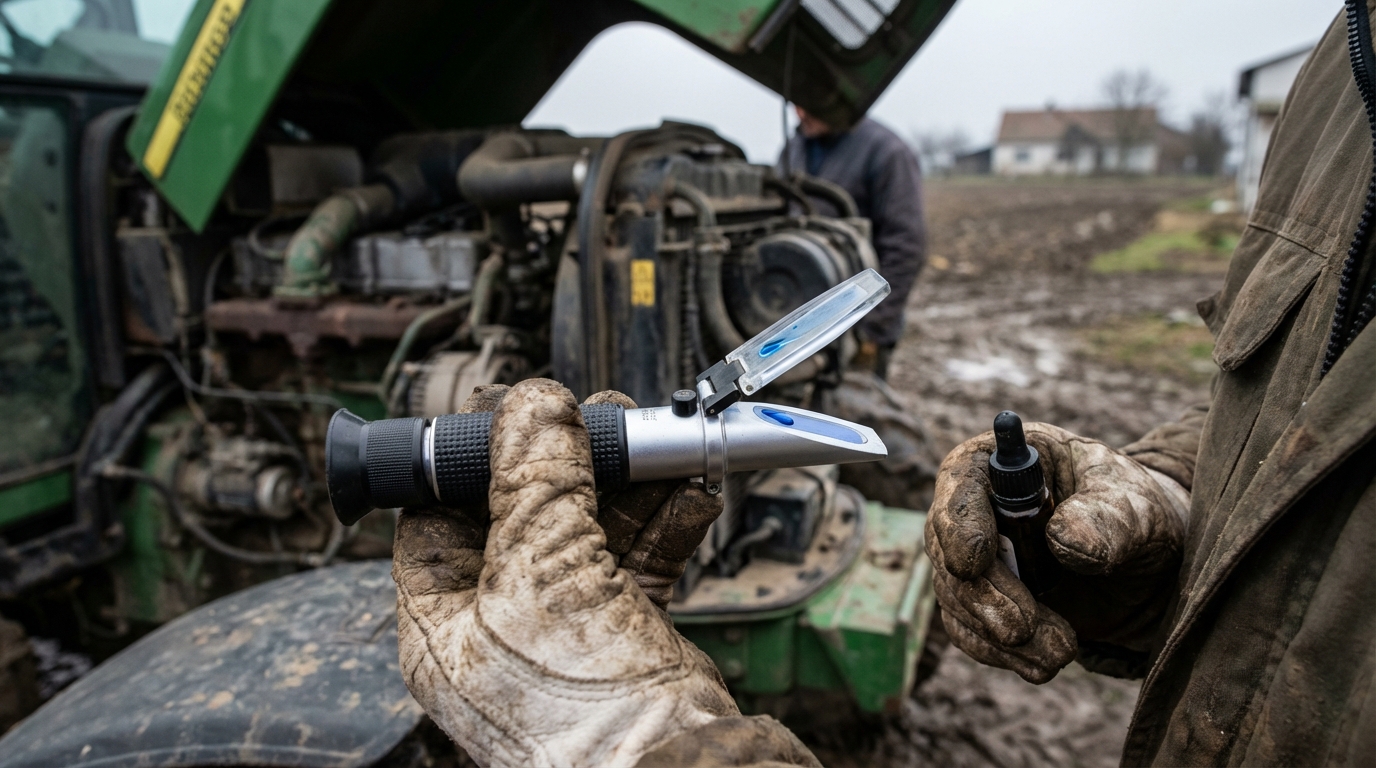 Fagyálló ellenőrzése traktorban a gazdaságban