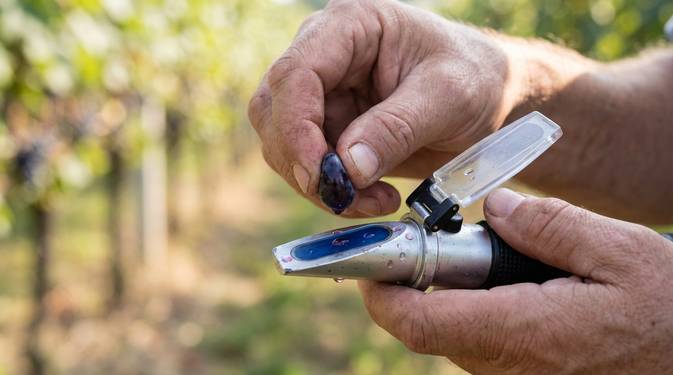 Szőlőlé cseppentése a refraktométer prizmájára közelről