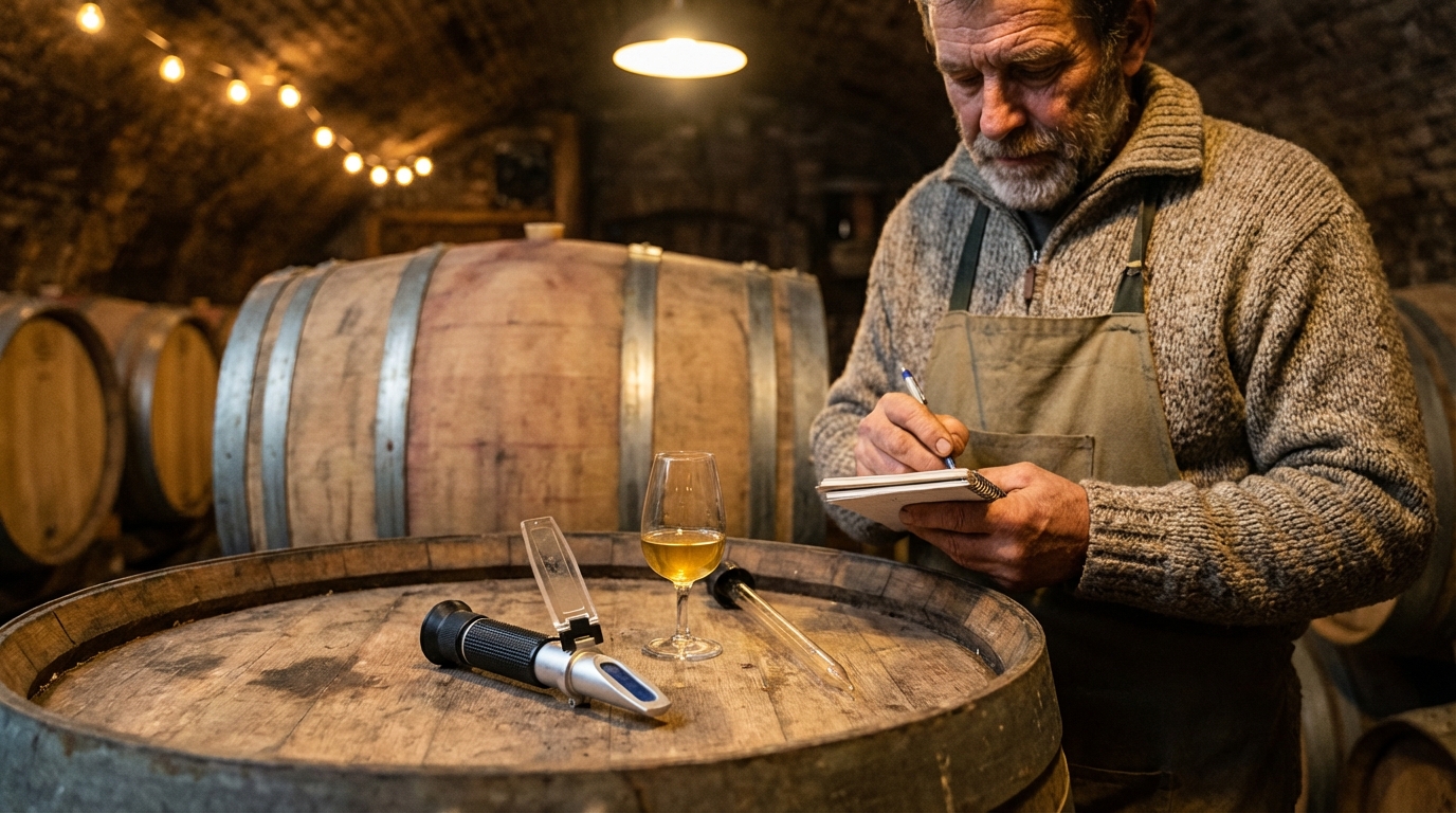Borász a pincében jegyzetel a mérési eredményekről