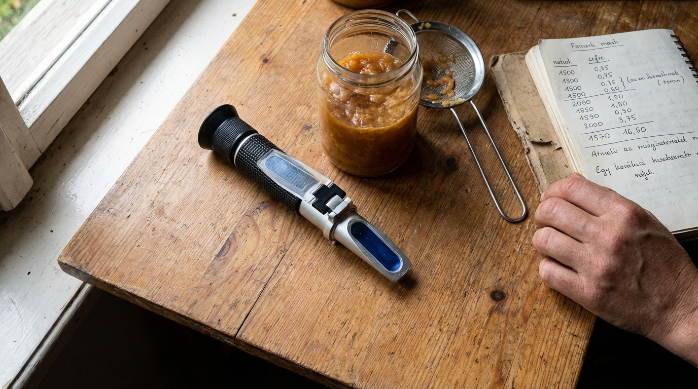 Cefreminta, refraktométer és mérési jegyzet a munkasztalon
