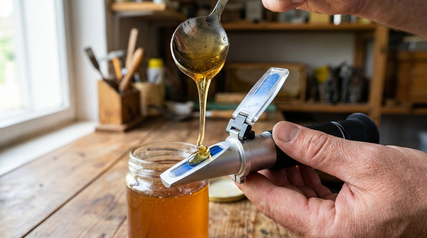 Méz cseppentése a refraktométer prizmájára